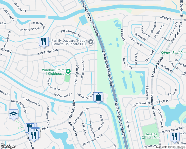 map of restaurants, bars, coffee shops, grocery stores, and more near 3073 Southwest Ann Arbor Road in Port St. Lucie