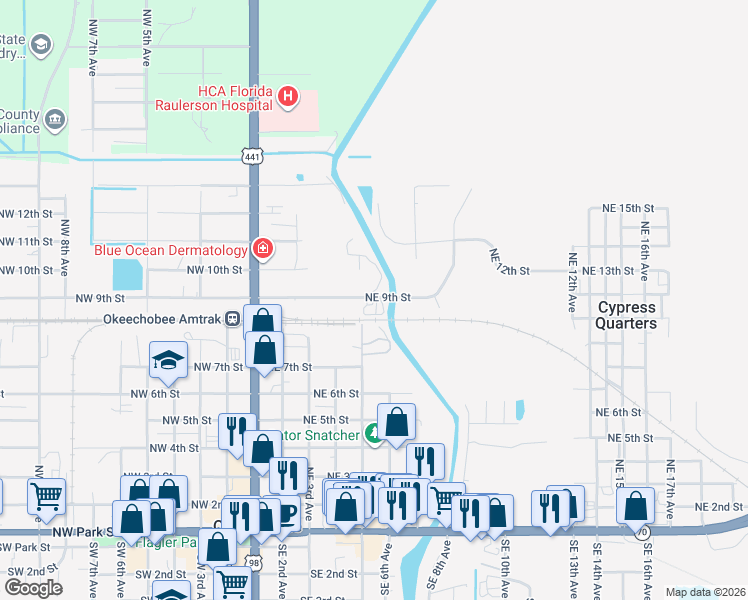 map of restaurants, bars, coffee shops, grocery stores, and more near 514 Northeast 9th Street in Okeechobee