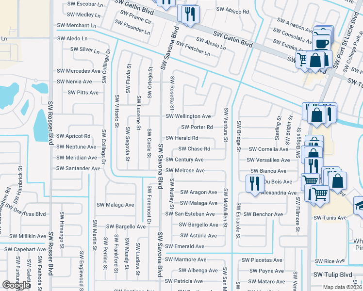 map of restaurants, bars, coffee shops, grocery stores, and more near 1298 Southwest Chase Road in Port St. Lucie