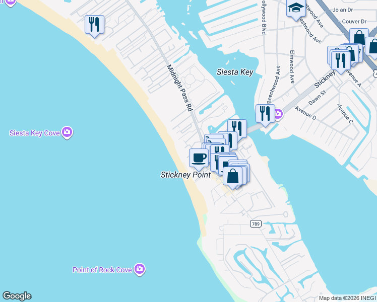 map of restaurants, bars, coffee shops, grocery stores, and more near 6342 Midnight Pass Road in Siesta Key