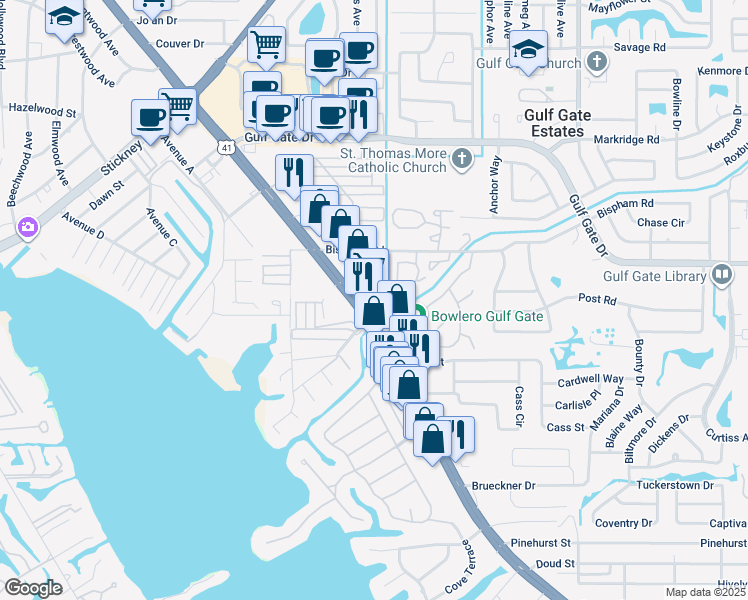 map of restaurants, bars, coffee shops, grocery stores, and more near 7123 South Tamiami Trail in Sarasota