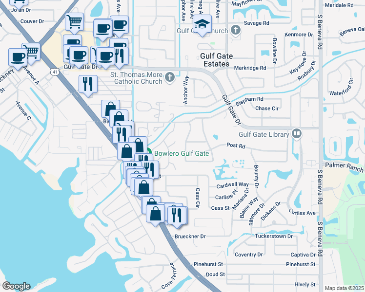 map of restaurants, bars, coffee shops, grocery stores, and more near 2311 Elfin Way in Sarasota