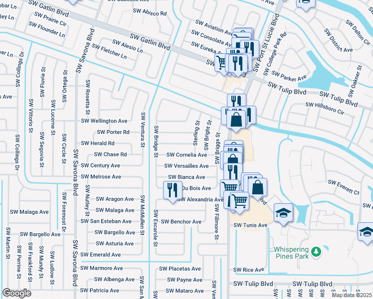 map of restaurants, bars, coffee shops, grocery stores, and more near 1017 Southwest Dubuque Avenue in Port St. Lucie