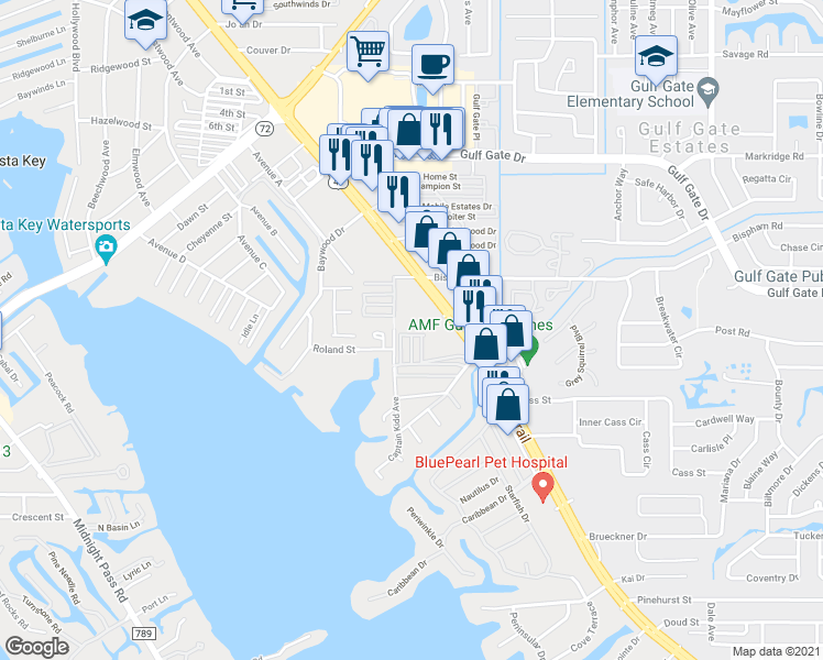 map of restaurants, bars, coffee shops, grocery stores, and more near 45 4th Street in Sarasota