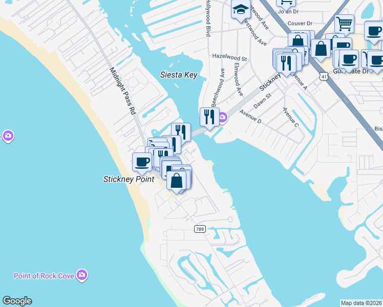 map of restaurants, bars, coffee shops, grocery stores, and more near 1310 Old Stickney Point Road in Sarasota