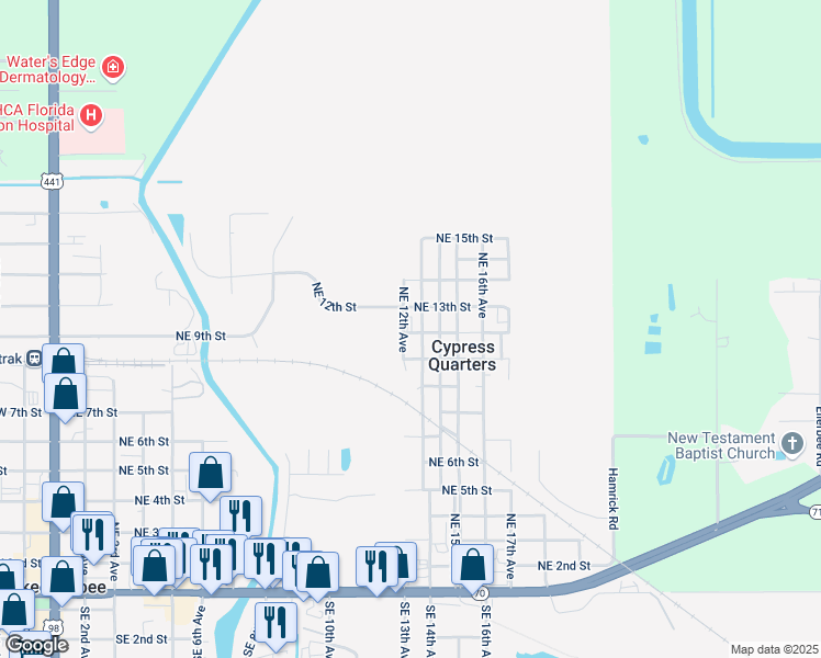map of restaurants, bars, coffee shops, grocery stores, and more near 1096 Northeast 13th Avenue in Okeechobee