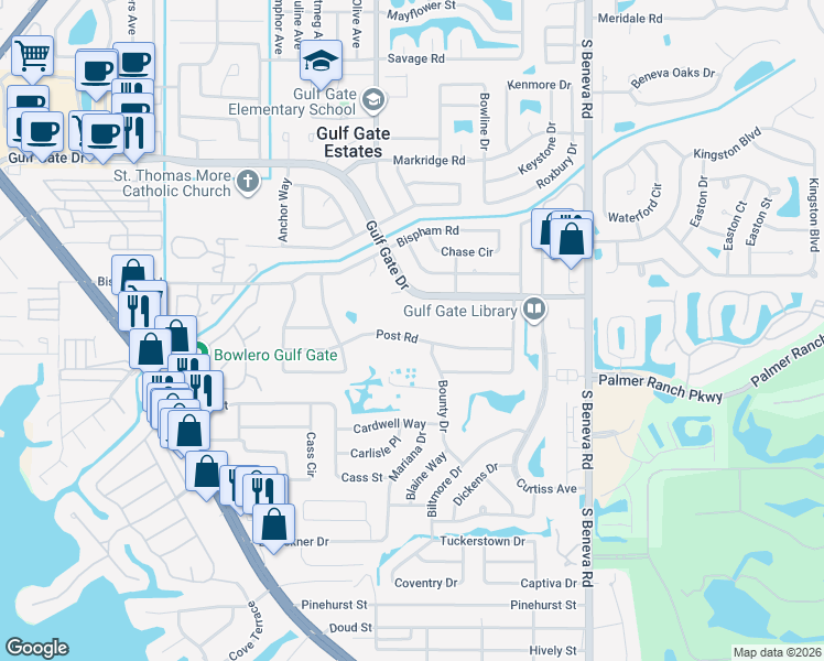 map of restaurants, bars, coffee shops, grocery stores, and more near 3040 Gulf Gate Drive in Sarasota