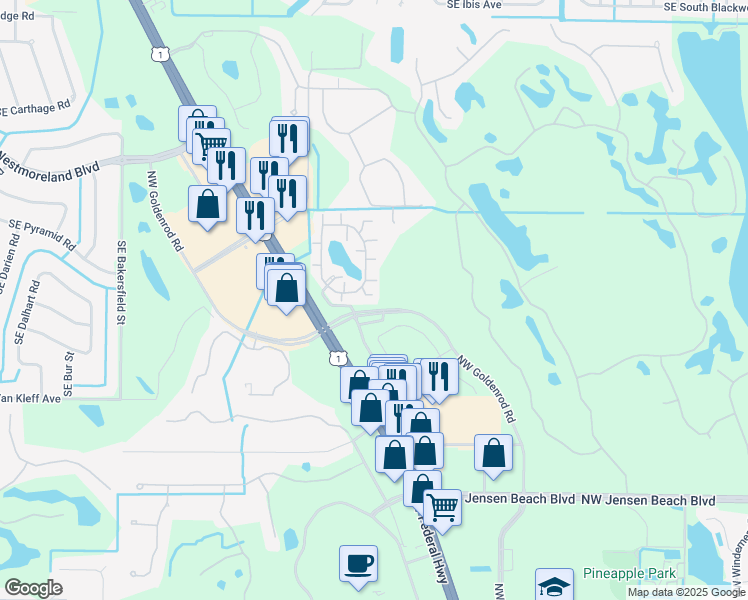 map of restaurants, bars, coffee shops, grocery stores, and more near 3935 Northwest Cinnamon Tree Circle in Jensen Beach