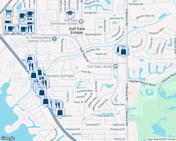 map of restaurants, bars, coffee shops, grocery stores, and more near 3040 Gulf Gate Drive in Sarasota