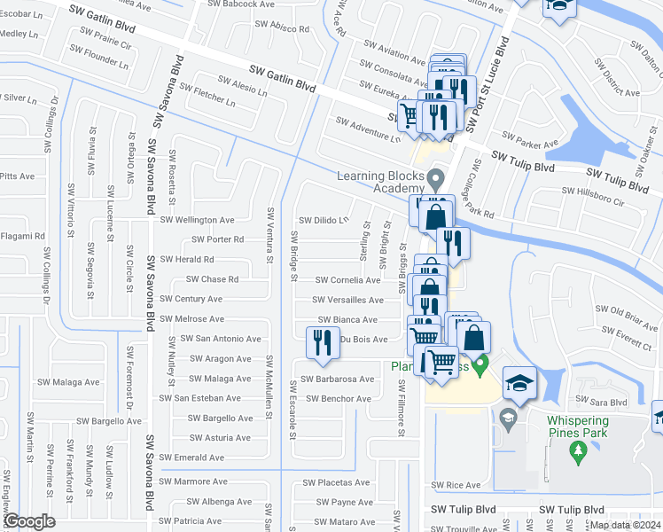 map of restaurants, bars, coffee shops, grocery stores, and more near 1042 Southwest Dubuque Avenue in Port Saint Lucie