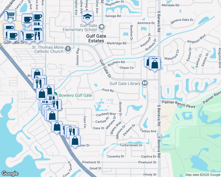 map of restaurants, bars, coffee shops, grocery stores, and more near 3040 Gulf Gate Drive in Sarasota