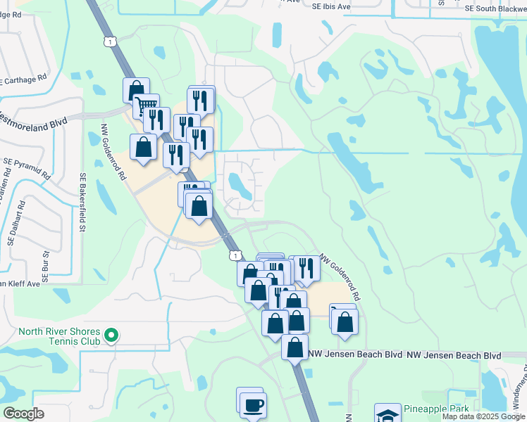 map of restaurants, bars, coffee shops, grocery stores, and more near 3951 Northwest Cinnamon Tree Circle in Jensen Beach