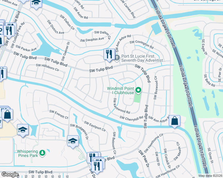 map of restaurants, bars, coffee shops, grocery stores, and more near 361 Southwest Cherryhill Road in Port St. Lucie