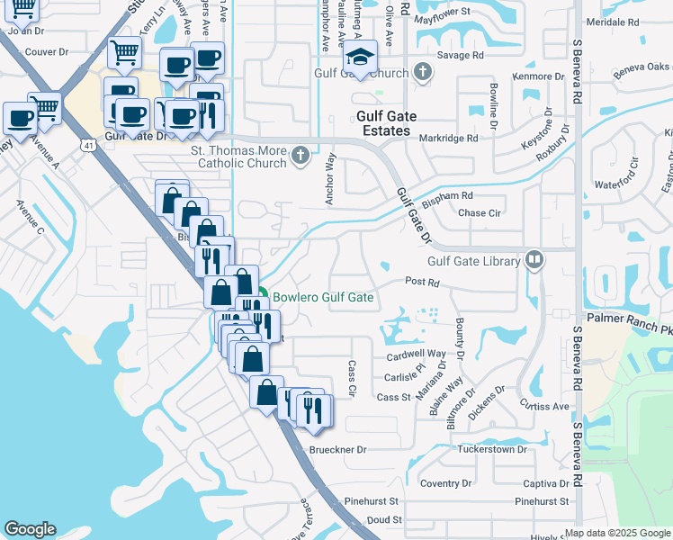 map of restaurants, bars, coffee shops, grocery stores, and more near 2411 Breakwater Circle in Sarasota
