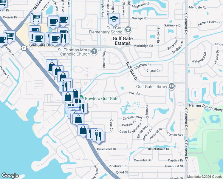 map of restaurants, bars, coffee shops, grocery stores, and more near 2421 Bridgewater Lane in Sarasota