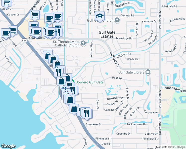 map of restaurants, bars, coffee shops, grocery stores, and more near 2411 Breakwater Circle in Sarasota