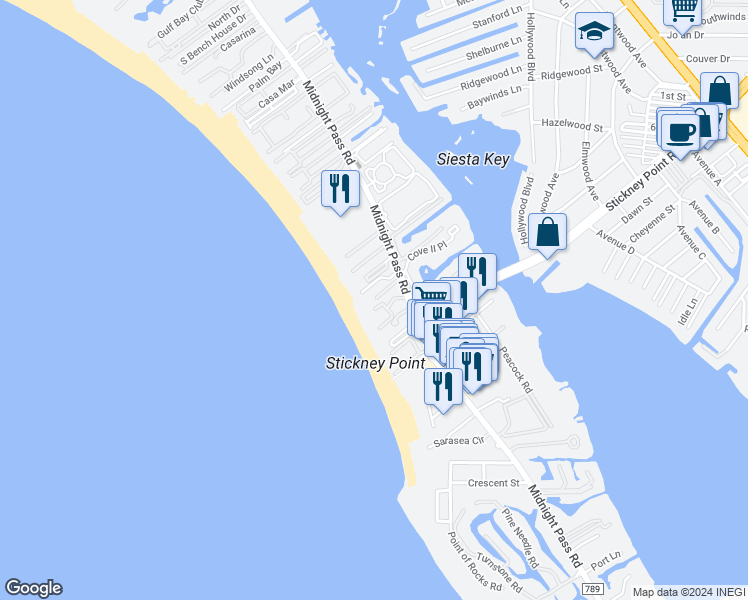map of restaurants, bars, coffee shops, grocery stores, and more near 6326 Midnight Pass Road in Sarasota