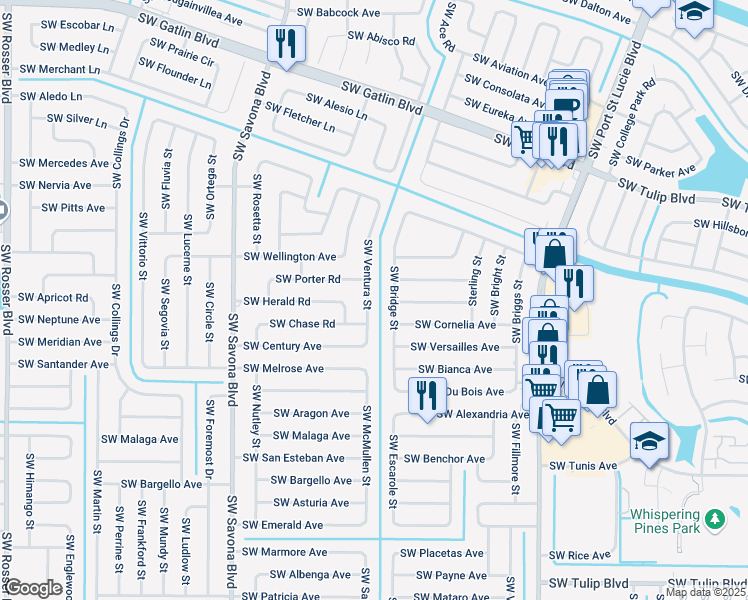 map of restaurants, bars, coffee shops, grocery stores, and more near 3020 Southwest Bridge Street in Port St. Lucie