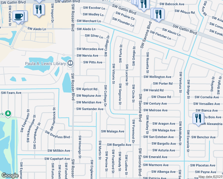 map of restaurants, bars, coffee shops, grocery stores, and more near 3026 Southwest Vittorio Street in Port St. Lucie