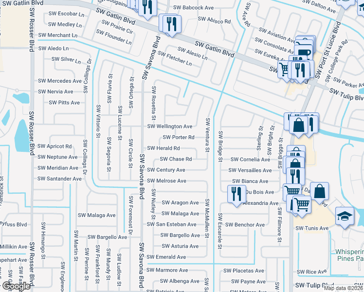 map of restaurants, bars, coffee shops, grocery stores, and more near 1257 Southwest Herald Road in Port St. Lucie