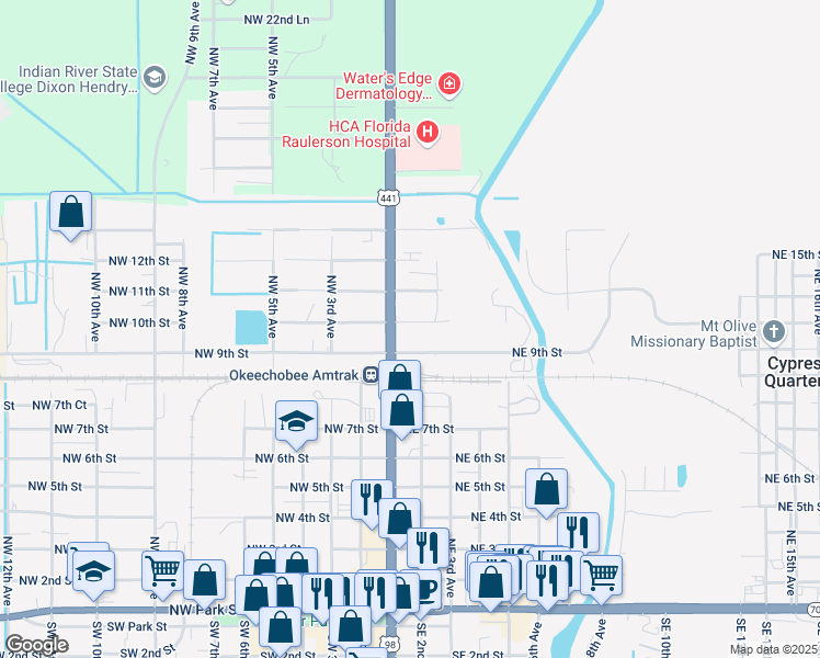 map of restaurants, bars, coffee shops, grocery stores, and more near 110 Northeast 10th Street in Okeechobee