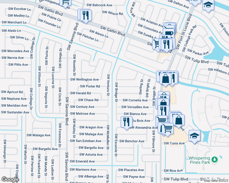 map of restaurants, bars, coffee shops, grocery stores, and more near 3020 Southwest Bridge Street in Port St. Lucie