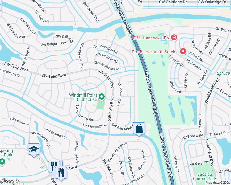 map of restaurants, bars, coffee shops, grocery stores, and more near 388 Southwest Tulip Boulevard in Port St. Lucie