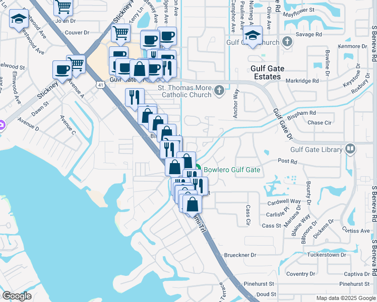 map of restaurants, bars, coffee shops, grocery stores, and more near 7183 Wood Creek Drive in Sarasota