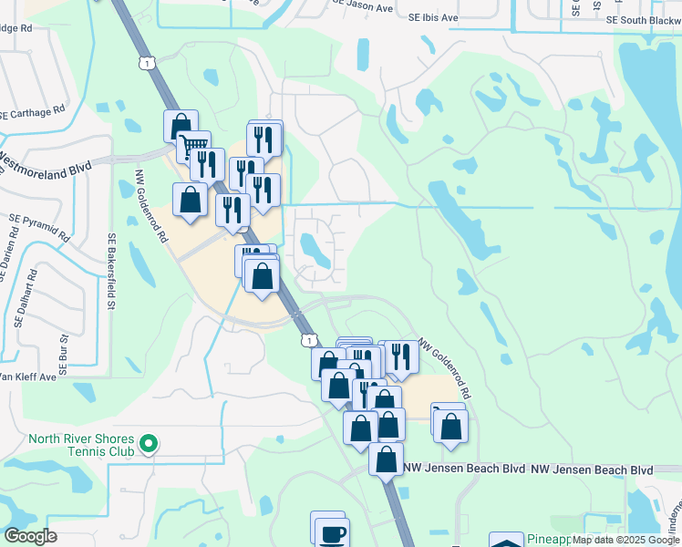 map of restaurants, bars, coffee shops, grocery stores, and more near 3951 Northwest Cinnamon Tree Circle in Jensen Beach