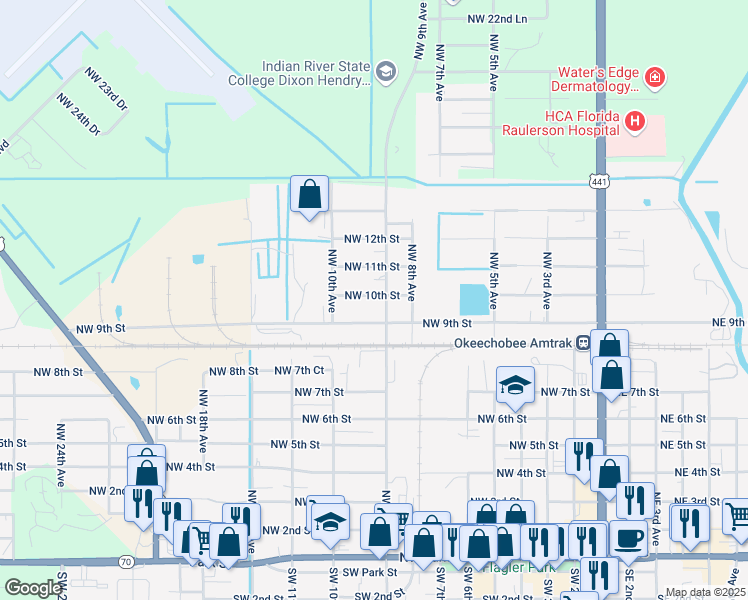 map of restaurants, bars, coffee shops, grocery stores, and more near 907 Northwest 10th Street in Okeechobee
