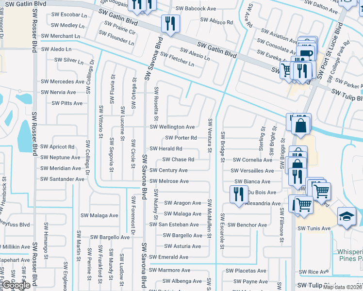 map of restaurants, bars, coffee shops, grocery stores, and more near 1257 Southwest Herald Road in Port St. Lucie