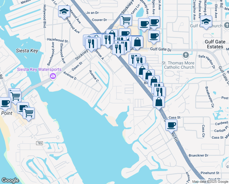 map of restaurants, bars, coffee shops, grocery stores, and more near 1918 Baywood Terrace in Sarasota