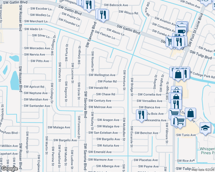 map of restaurants, bars, coffee shops, grocery stores, and more near 1257 Southwest Herald Road in Port St. Lucie