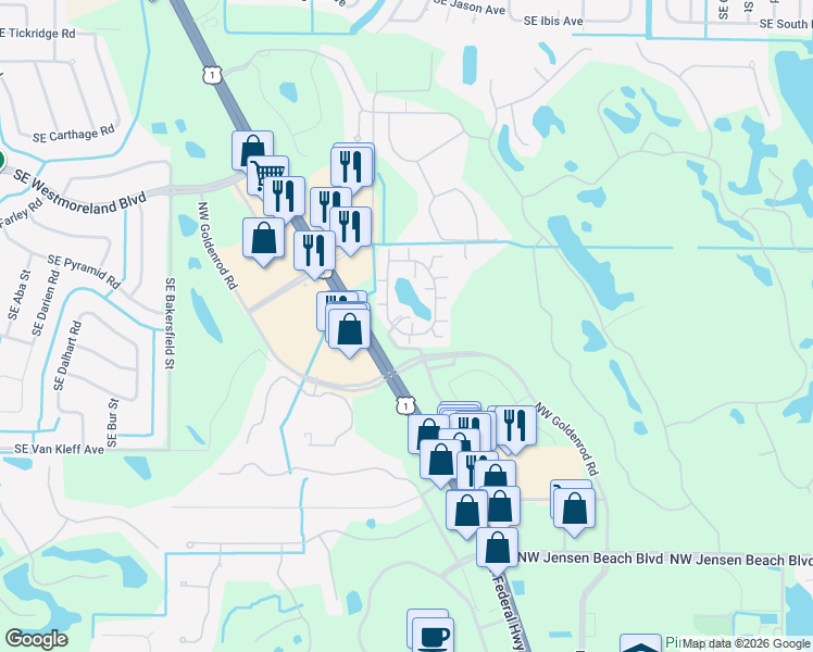 map of restaurants, bars, coffee shops, grocery stores, and more near 3902 Northwest Cinnamon Tree Circle in Jensen Beach
