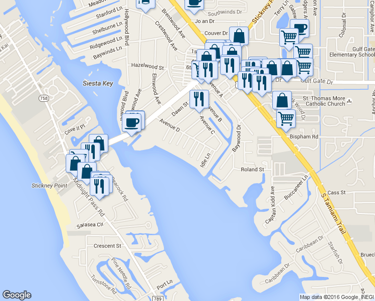 map of restaurants, bars, coffee shops, grocery stores, and more near 1611 Stella Drive in Sarasota