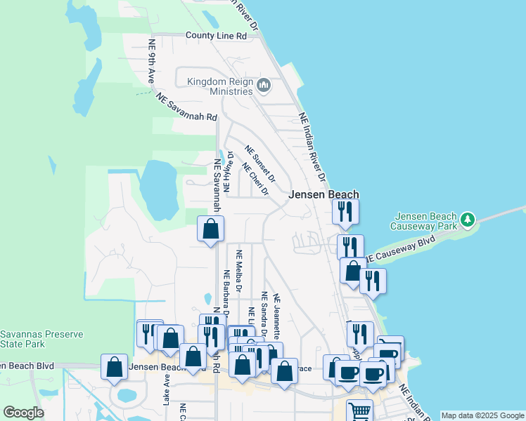 map of restaurants, bars, coffee shops, grocery stores, and more near 1405 Northeast Meyers Terrace in Jensen Beach