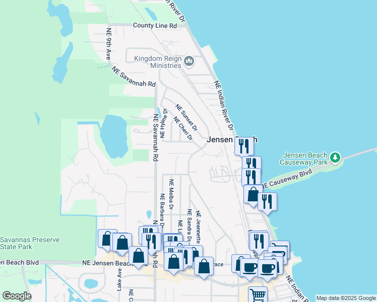 map of restaurants, bars, coffee shops, grocery stores, and more near 1405 Northeast Meyers Terrace in Jensen Beach