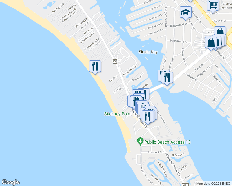 map of restaurants, bars, coffee shops, grocery stores, and more near 6326 Midnight Pass Road in Sarasota