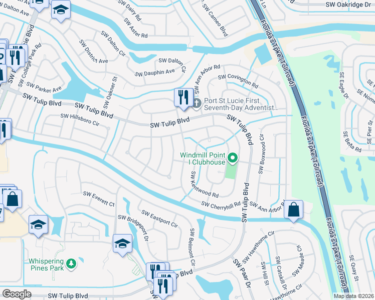 map of restaurants, bars, coffee shops, grocery stores, and more near 361 Southwest Cherryhill Road in Port St. Lucie
