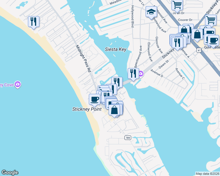 map of restaurants, bars, coffee shops, grocery stores, and more near 6415 Midnight Pass Road in Siesta Key