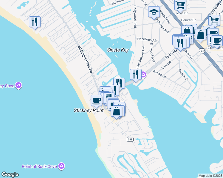 map of restaurants, bars, coffee shops, grocery stores, and more near 6415 Midnight Cove Road in Sarasota
