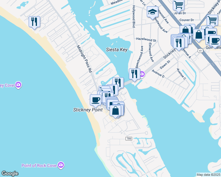 map of restaurants, bars, coffee shops, grocery stores, and more near 6415 Midnight Cove Road in Sarasota