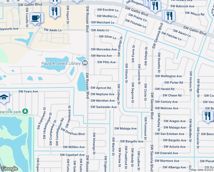 map of restaurants, bars, coffee shops, grocery stores, and more near 1551 Southwest Apricot Road in Port St. Lucie