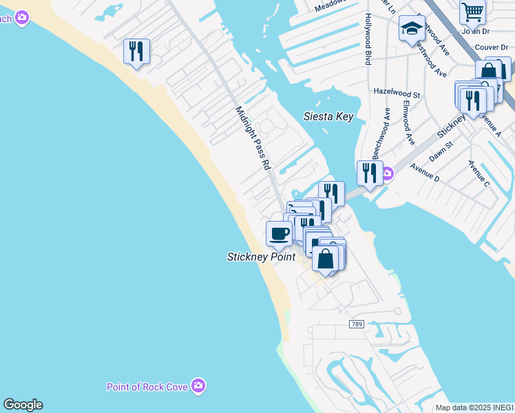 map of restaurants, bars, coffee shops, grocery stores, and more near 6326 Midnight Pass Road in Sarasota