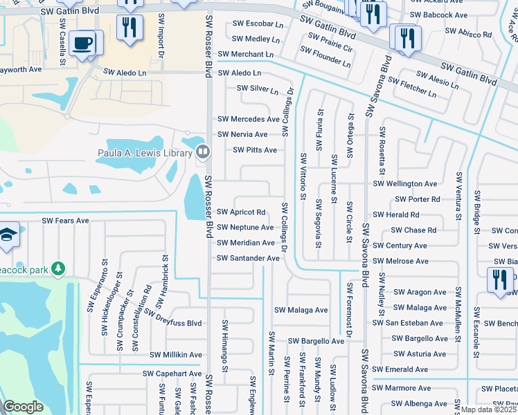 map of restaurants, bars, coffee shops, grocery stores, and more near 1551 Southwest Apricot Road in Port St. Lucie