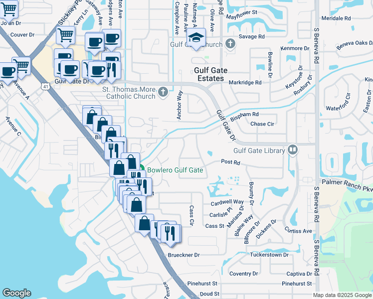 map of restaurants, bars, coffee shops, grocery stores, and more near 2411 Breakwater Circle in Sarasota
