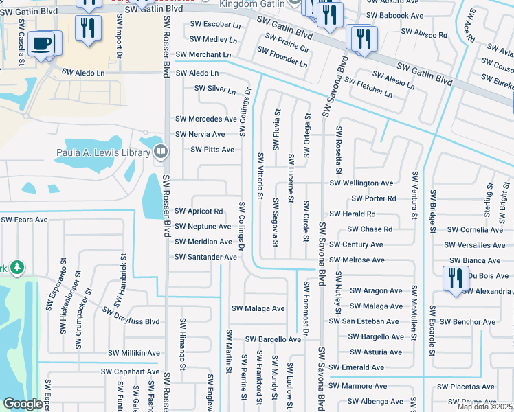map of restaurants, bars, coffee shops, grocery stores, and more near 3026 Southwest Vittorio Street in Port St. Lucie