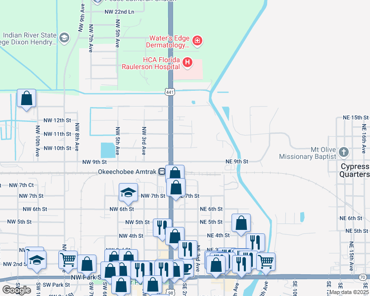 map of restaurants, bars, coffee shops, grocery stores, and more near 110 Northeast 10th Street in Okeechobee