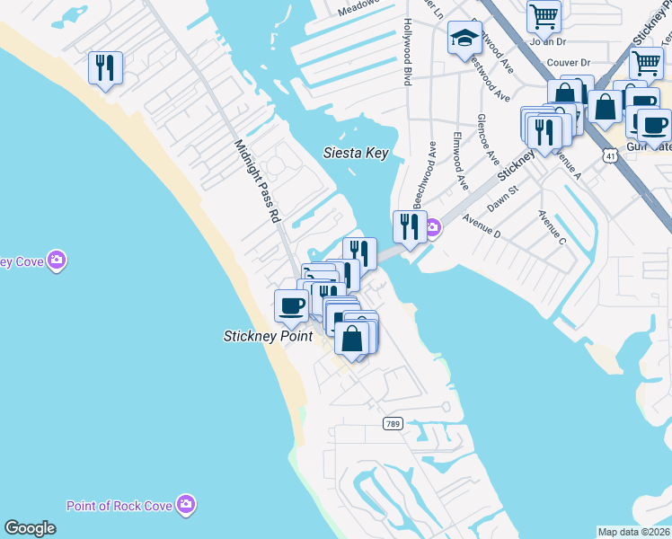 map of restaurants, bars, coffee shops, grocery stores, and more near 6415 Midnight Cove Road in Sarasota