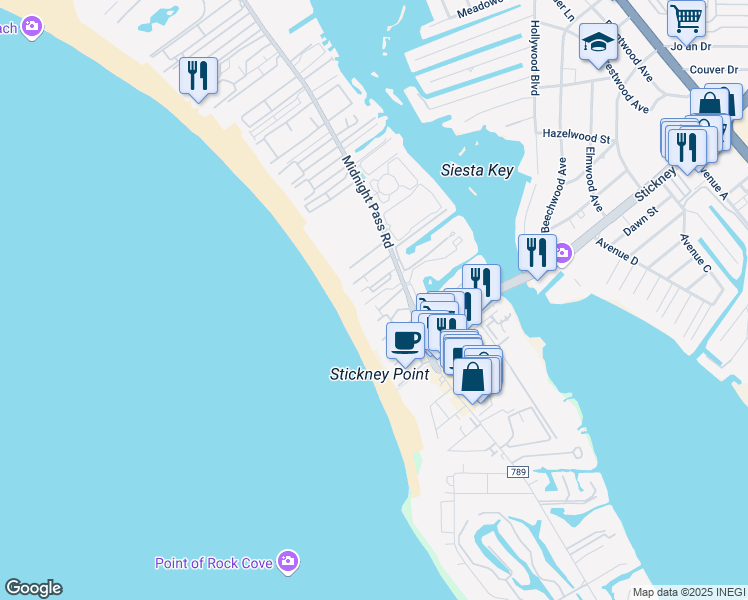 map of restaurants, bars, coffee shops, grocery stores, and more near 6326 Midnight Pass Road in Sarasota